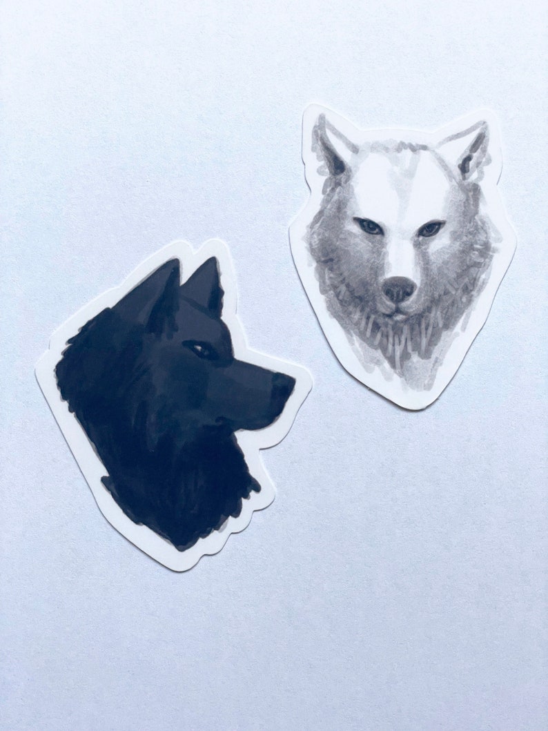 Black & White Wolf Sticker Pack Set of 2 Water-Resistant Stickers, Alpha Omega Mates Werewolves, Dog, Cool Realistic Wolf Head Art image 2