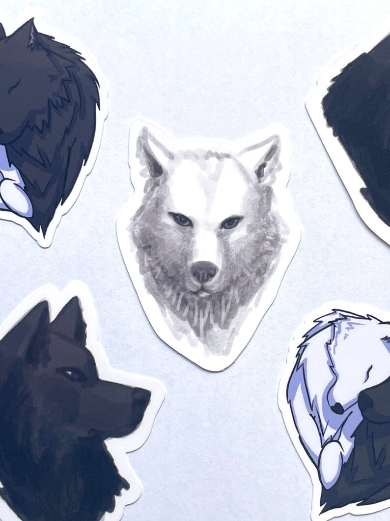 Black & White Wolf Sticker Pack Set of 2 Water-Resistant Stickers, Alpha Omega Mates Werewolves, Dog, Cool Realistic Wolf Head Art image 3