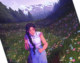 Aliya Art Print - LGBTQ+ Werewolf Fantasy Novel Character, Bisexual Representation, Flower Fields, Pacific Northwest Landscape, Mountains