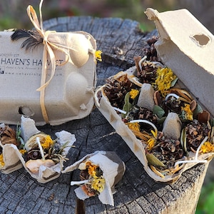 May include: A set of molded fiber egg cartons containing candles decorated with dried yellow flowers, pinecones, and greenery. One carton is closed with a raffia tie and a label reading Haven's Harvest, while others are open, revealing the wax candles.