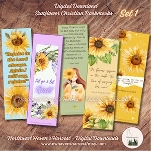 May include: A set of five rectangular bookmarks featuring sunflower illustrations and Christian quotes. The designs include text such as Rejoice in the Lord always, Let go & let God, and Bible verses, set against light blue, purple, green, and yellow backgrounds.
