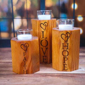 Faith Hope Love Wooden Candle Holder Holiday Gift Christian Home Mantel Display Rustic Set Wedding Centerpiece Table Decoration Farmhouse