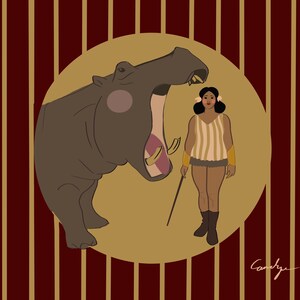 Old timey circus girl and hippo