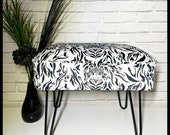 Contemporary footstool in Luxurious black and white tiger design soft velvet upholstered seat hairpin legs