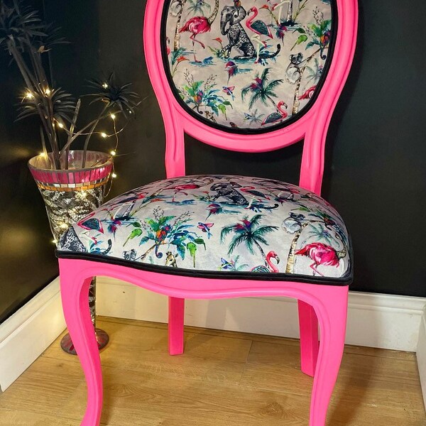 Neon pink velvet chair, statement furniture, bedroom chair | balloon back chair | eclectic dining chair mix