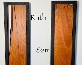 Reclaimed wood wall art diptych Cherrywood wall hanging, "Ruth & Sam"