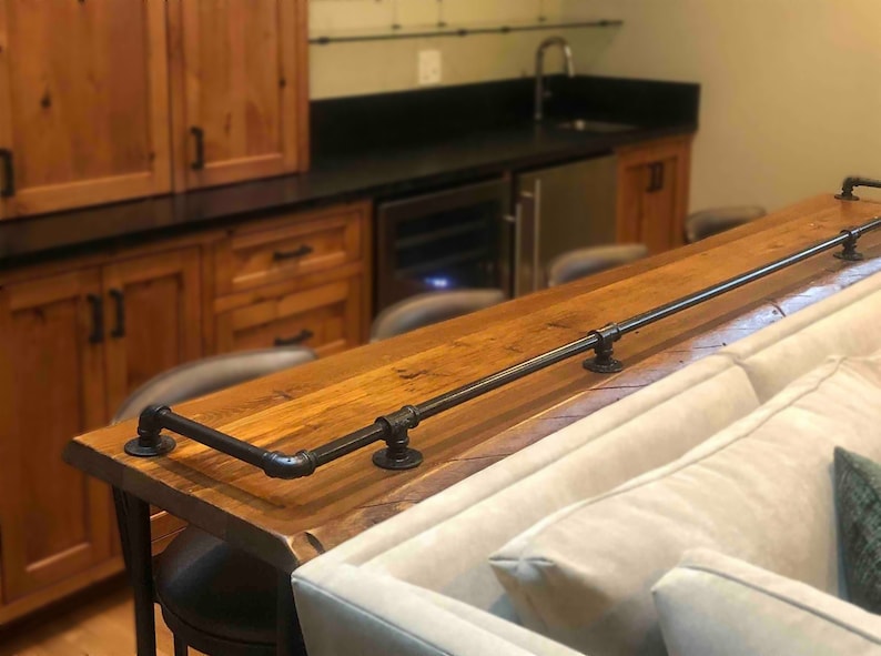 Custom Drink Rail Table, Home Theatre Bar, Reclaimed Wood Bar, Natural Live Edge Furniture, Custom Sizes and Finishes image 4