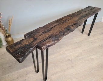 Historic Rustic Reclaimed Wood Console Table, Log Cabin Dovetail Notch detail, Thick 7 foot Live Edge Table , In Stock Quick Shipping