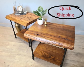 Live Edge End Table, Two Matched End Tables, Natural Edge Reclaimed Wood Nightstand Ready to Ship
