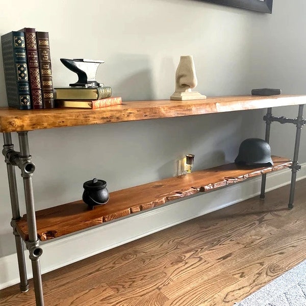 Console Table with Shelf, Reclaimed Wood, Natural Edge Furniture, Media Table