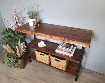Console Table with Shelves  Reclaimed Wood Bookshelf, Natural Edge Furniture,
