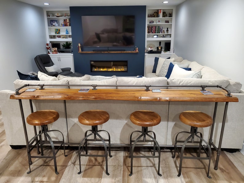Custom Drink Rail Table, Home Theatre Bar, Reclaimed Wood Bar, Natural Live Edge Furniture, Custom Sizes and Finishes image 2