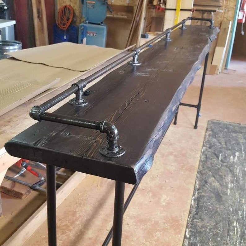 Custom Drink Rail Table, Home Theatre Bar, Reclaimed Wood Bar, Natural Live Edge Furniture, Custom Sizes and Finishes image 7