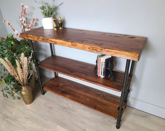 Console Table with Shelves  Reclaimed Wood Bookshelf, Natural Edge Furniture,