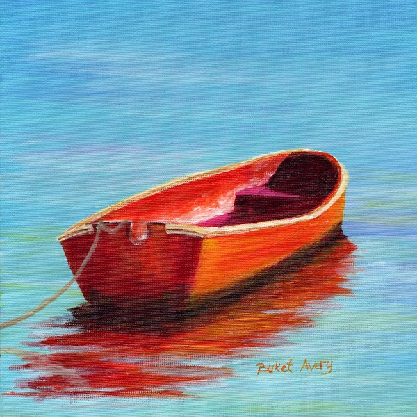 Red Boat Fine Art Print from Original Acrylic Painting Vibrant Coastal Art Calm Water Boat Lover Gift Wall Art Nautical Art Print