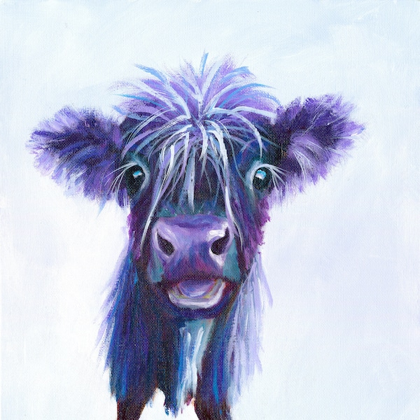 Cute Happy Purple Cow Art Print-Vibrant Colorful Fine Art Print Original Highland Cow Ar-Purple Home Decor-Whimsical Wall Art Print