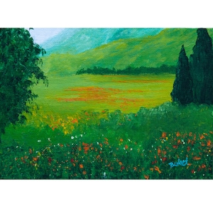 Poppy Field Landscape Art Print: French Countryside Painting
