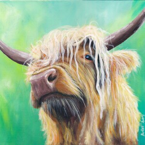 Highland Cow Fine Art Print of Original Painting-Giclee Print Farm Animal Art Print Brown Green Wall Art
