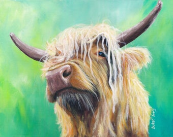 Highland Cow Fine Art Print of Original Painting-Giclee Print Farm Animal Art Print Brown Green Wall Art