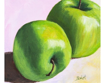 Fine Art Prints of an Original Acrylic Painting of a Pair of Green Apples by Buket Avery-Still life Painting-Art Print for Kitchen Walls