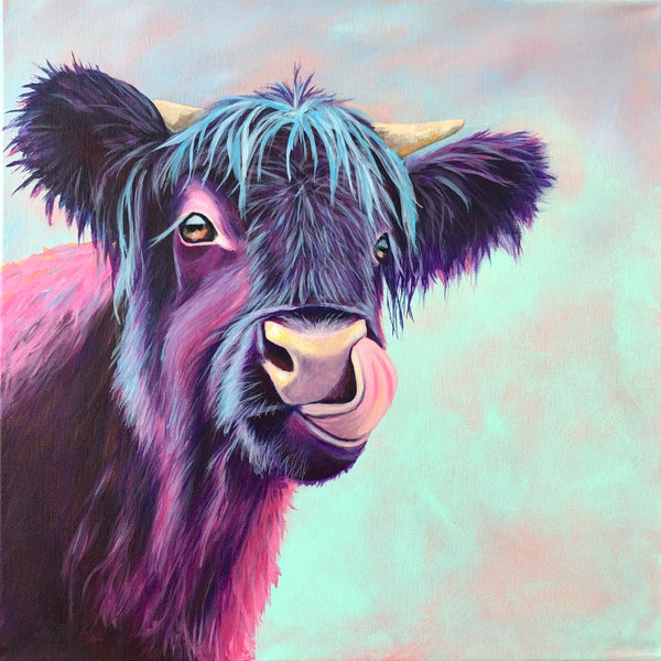 Curios Cute Purple Highland Calf Art Print-Purple Home Decor-Wall Art-Cow Lover Gift-Colorful Farm Animal Lover Gift-Square Cow Art Print