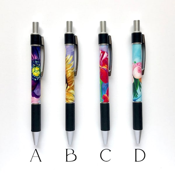 Colorful Floral Art Ball Point Planner Pen, Click Top, Refillable, Black Ink Ballpoint Beautiful Journal Pens