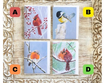 Christmas Birds Blank A2 Fine Art Greeting Cards, Thank you Cards, Folded Blank Notecards, Single or Set of 4 Blank Greeting Cards