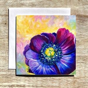 Purple Anemone-Colorful Floral Square Blank Fine Art Greeting Card with Matching Sticker-5.5&quot; x 5.5&quot; Folded - Premium Matte