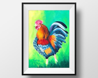 May include: A framed painting of a colorful rooster. The rooster has a red comb, orange neck feathers, and a blue and black tail. The background is a blend of green and yellow, with a grassy texture.