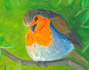 Red Breasted Robin Art Print: Colorful Bird Gouache Painting