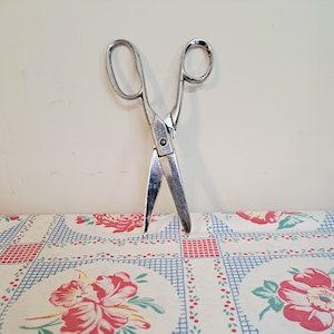 May include: A pair of silver-toned metal scissors with two oval finger loops and straight, pointed blades. The scissors feature a central pivot screw and a metallic finish, showing a clean design suitable for cutting tasks in a home or office.
