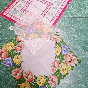 Vintage 1950s Hankies Lot of 3 Tulip Flower Print Handkerchiefs