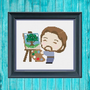 May include: A cross-stitch pattern of a cartoon artist painting a tree with a happy face. The artist is wearing a blue shirt and brown pants. The tree is green with red apples and a brown trunk. The artist is holding a paintbrush and a palette of paints.