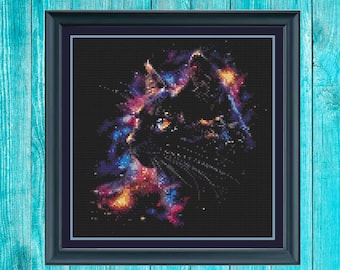 Galaxy Cat cross stitch pattern easy pdf pattern for cross stitch decor black cat stitch gift