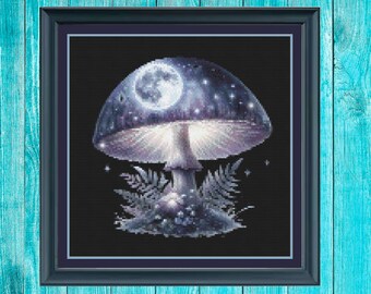 Full Moon Mushroom cross stitch pattern easy pdf pattern for cross stitch celestial stitch gift