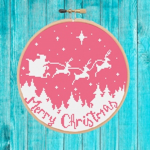 Santa sleigh ride cross stitch pattern Pink Christmas pdf pattern