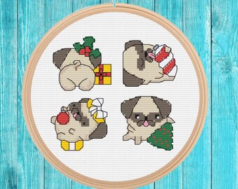 Pug Christmas cross stitch pattern pdf