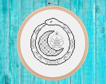 Ouroboros mini cross stitch pattern pdf easy simple gift quick stitch blackwork fusion