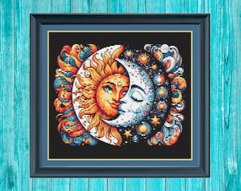 Sun and Moon Yin and Yang cross stitch pattern easy pdf pattern for cross stitch decor solar eclipse stitch gift