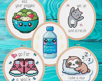 Self-care Bundle 5 patterns small cross stitch mini cross stitch pattern pdf easy simple holiday gift quick stitch