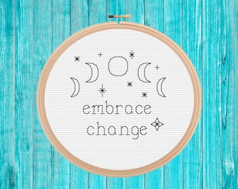 Embrace Change Moon phases mini cross stitch pattern pdf easy simple gift quick stitch blackwork fusion