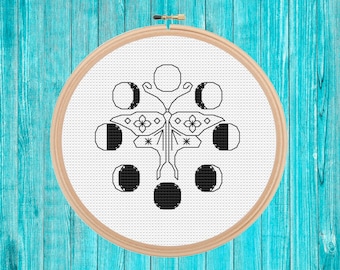 Moth Moon Phases mini cross stitch pattern pdf easy simple gift quick stitch blackwork fusion