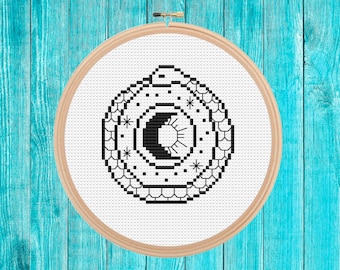 Ouroboros Sun and Moon mini cross stitch pattern pdf easy simple gift quick stitch blackwork fusion