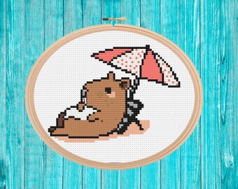 Chilling capybara small cross stitch pattern pdf easy simple  funny gift quick stitch