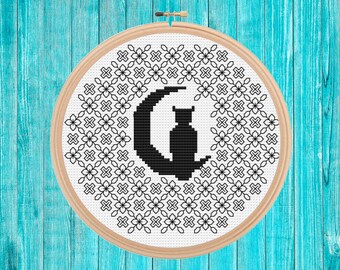 Owl Moon mini cross stitch pattern pdf easy simple gift quick stitch blackwork fusion