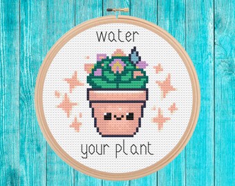 Reminder water your plant mini cross stitch pattern pdf easy simple gift quick stitch blackwork fusion