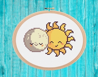 Solar eclipse mini cross stitch pattern pdf easy simple holiday gift retro quick stitch
