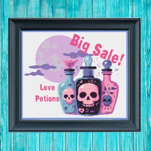 Halloween cross stitch pattern pdf skull pink Halloween decor pastel Halloween gift pattern Love potion pattern creepy cute cross stitch