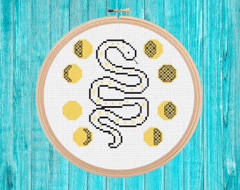 Snake Moon Phases mini cross stitch pattern pdf easy simple gift quick stitch blackwork fusion