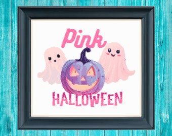 Halloween cross stitch pattern Pink Halloween pattern ghost pumpkin cross stitch pattern pastel goth creepy cute pattern Halloween decor art